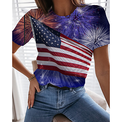 

Women's Painting T shirt Striped Geometric American Flag Print Round Neck Basic Tops Blue