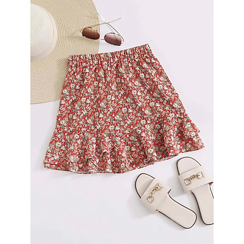 

Women's Daily Weekend Basic Streetwear Skirts Floral / Botanical Graphic Ruffle Print Red