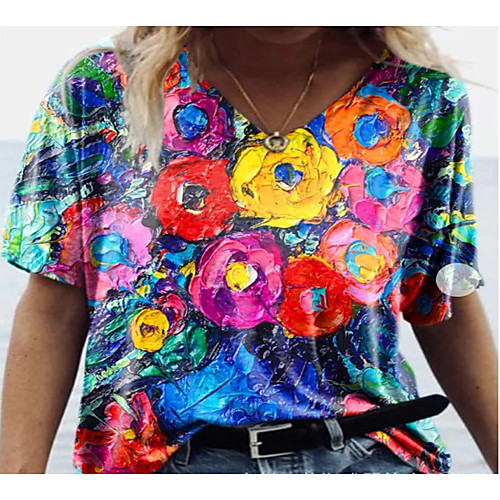 

Women's Floral Theme Abstract Painting T shirt Floral Graphic Print V Neck Basic Tops Blue Red Yellow
