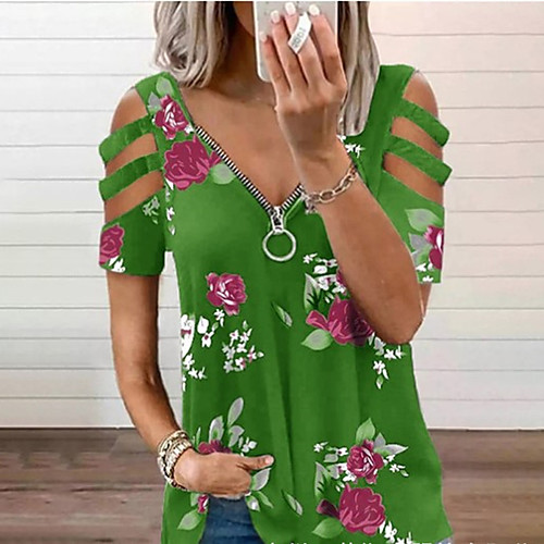 

Women's Floral Theme Blouse Shirt Floral Graphic Cut Out Zipper Print V Neck Basic Streetwear Tops Blue Black Green