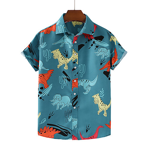 

Men's Shirt Dinosaur Print Short Sleeve Casual Tops Tropical Beach Blue-Green