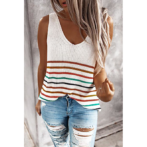 

Women's Stripes Vest Sleeveless Sweater Cardigans V Neck White Blue Black