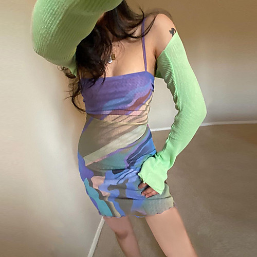 

Women's Strap Dress Short Mini Dress Polyester fiber 95% spandex fiber 5% Fabric: Korean net Maximum code weight: 0.095KG Purple Red Sleeveless Print Spring Summer Casual / Daily 2021 S M L