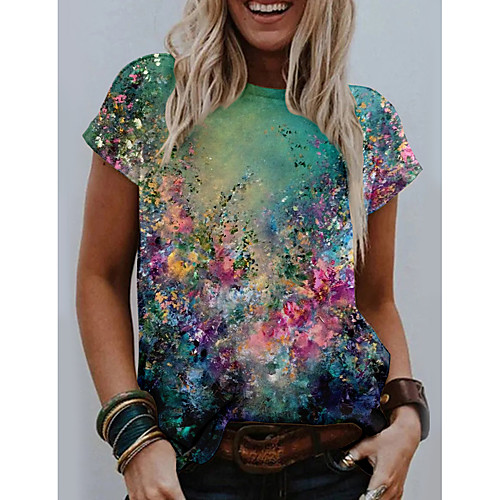 

Women's Floral Theme Abstract Painting T shirt Floral Graphic Print Round Neck Basic Tops Green