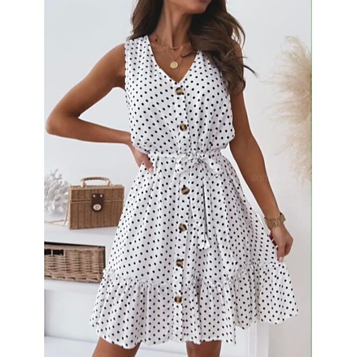 

Women's A Line Dress Knee Length Dress White Black Dark Blue Sleeveless Dot Spring Summer Casual 2021 S M L XL 2XL
