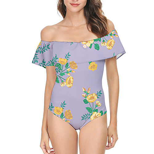 

Women's One Piece Monokini Swimsuit Ruffle Print Floral Abstract Blue Purple Yellow Green Beige Swimwear Off Shoulder Bathing Suits New Casual Vacation / Stripe / Padded Bras / Beach