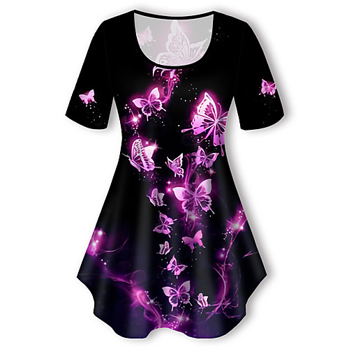

Women's Plus Size Tops T shirt Graphic Butterfly Animal Print Short Sleeve Crewneck Basic Purple Big Size XL XXL 3XL 4XL 5XL / Holiday
