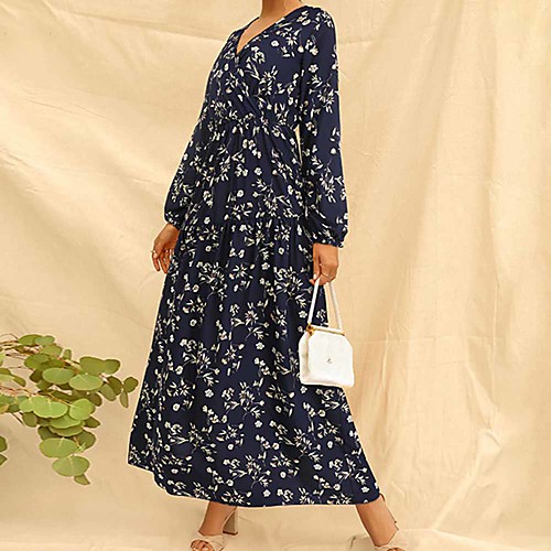 

Women's Swing Dress Maxi long Dress Yellow Royal Blue Long Sleeve Floral Print Fall Summer V Neck Casual Holiday 2021 S M L XL