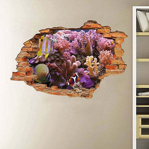 

3D Broken Wall Undersea World Coral Reef Ugly Fish Home Children's Room Background Decoration Can Be Removed Stickers