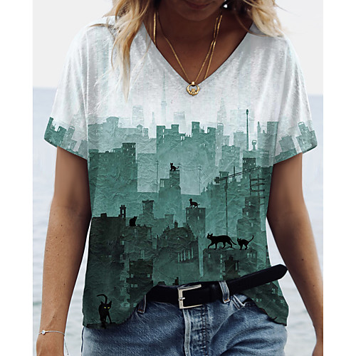 

Women's Abstract 3D Printed Painting T shirt Scenery 3D Print V Neck Basic Tops Blue Green Brown