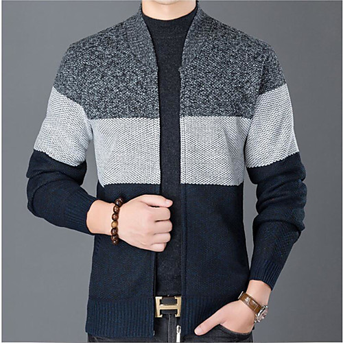 

Men's Color Block Cardigan Long Sleeve Sweater Cardigans Stand Collar Winter Blue Wine Navy Blue