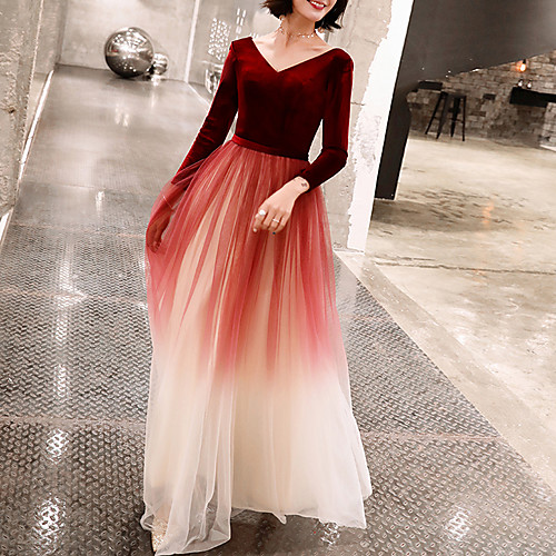 

A-Line Minimalist Gradient Party Wear Prom Dress V Neck Long Sleeve Floor Length Tulle Velvet with Sash / Ribbon 2021