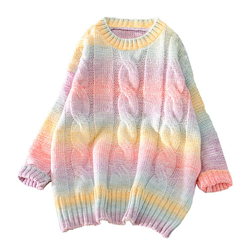 

Women's Casual Rainbow Striped Sweater Long Sleeve Loose Sweater Cardigans Round Neck Fall Winter Blue Blushing Pink / Holiday