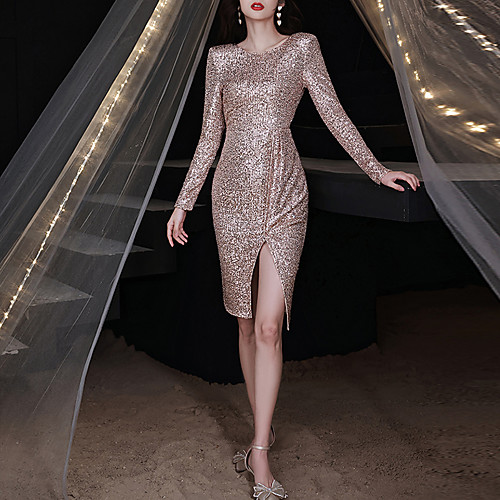 

Mermaid / Trumpet Sparkle Sexy Cocktail Party Prom Dress Jewel Neck Long Sleeve Knee Length Sequined with Sequin 2021