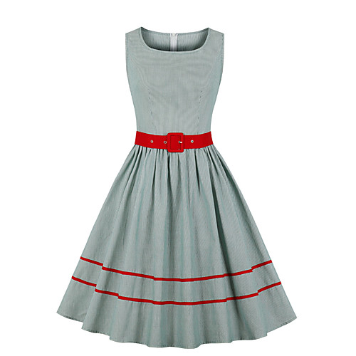 

Women's A Line Dress Knee Length Dress Light Blue Light Green Sleeveless Plaid / Check Stripes Summer Vintage 2021