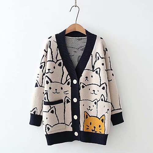 

Women's Coat Cat Bell Bottom Casual Fall Winter Coat V Neck Regular Coat Casual / Daily Jacket Navy / Cotton