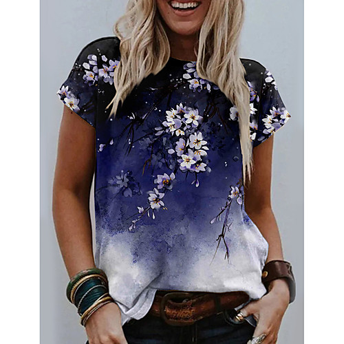 

Women's Floral Theme Abstract Painting T shirt Floral Graphic Print Round Neck Basic Tops Blue
