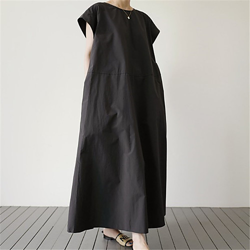 

Women's Loose Maxi long Dress Light Blue Black Short Sleeve Solid Color Spring Summer Casual Loose 2021 One-Size