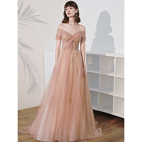 

A-Line Glittering Elegant Engagement Formal Evening Dress Off Shoulder Short Sleeve Floor Length Tulle with Lace Insert Embroidery 2021