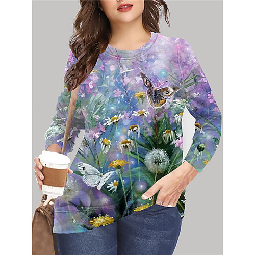 

Women's Plus Size Tops Pullover Sweatshirt Floral Graphic Print Long Sleeve Crewneck Basic Fall Summer Purple Red Big Size XL XXL 3XL 4XL 5XL