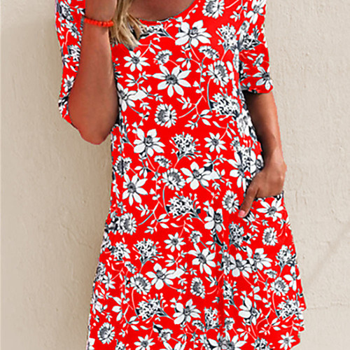 

Women's Sundress Short Mini Dress Blue Purple Green Orange Black Red Half Sleeve Floral Print Summer Round Neck Casual 2021 S M L XL XXL 3XL 4XL 5XL