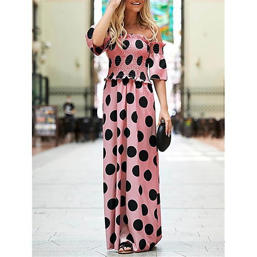 

Women's Shift Dress Maxi long Dress Blushing Pink Khaki Black Short Sleeve Polka Dot Fall Summer Off Shoulder Casual Holiday 2021 S M L XL XXL