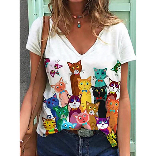 

Women's Cat T shirt Cat Print V Neck Basic Tops Cotton White