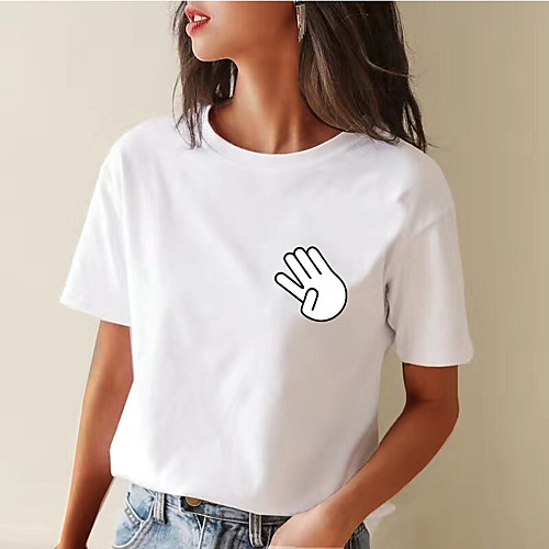 

Women's Painting T shirt Graphic Print Round Neck Basic Tops Cotton White Black Beige