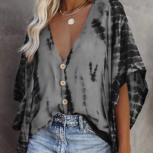 

Women's Blouse Shirt Color Block Tie Dye Button Print V Neck Basic Streetwear Tops White Red Yellow