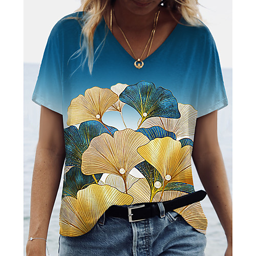 

Women's Floral Theme Painting T shirt Plants Graphic Print V Neck Basic Tops Blue Green