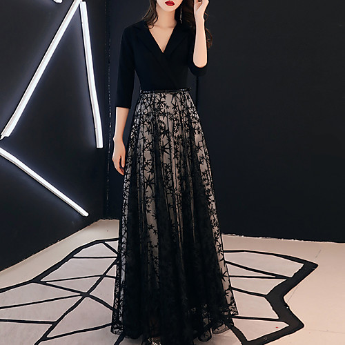 

A-Line Minimalist Elegant Wedding Guest Formal Evening Dress V Neck Long Sleeve Floor Length Lace Stretch Fabric with Sash / Ribbon Embroidery 2021