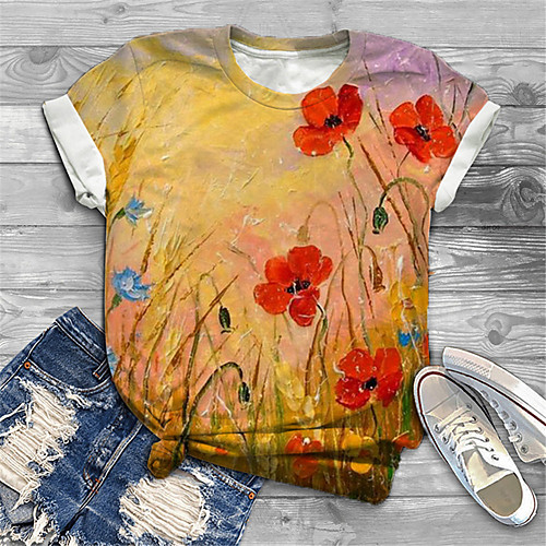 

Women's Plus Size Tops T shirt Floral Graphic Print Short Sleeve Crewneck Basic Yellow Big Size XL XXL 3XL 4XL 5XL / Holiday