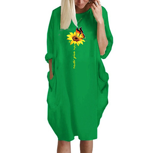 

Women's T Shirt Dress Tee Dress Knee Length Dress Blue Yellow Fuchsia Gray Green White Black Long Sleeve Floral Butterfly Spring Summer Round Neck Casual Oversized 2021 S M L XL XXL 3XL 4XL 5XL