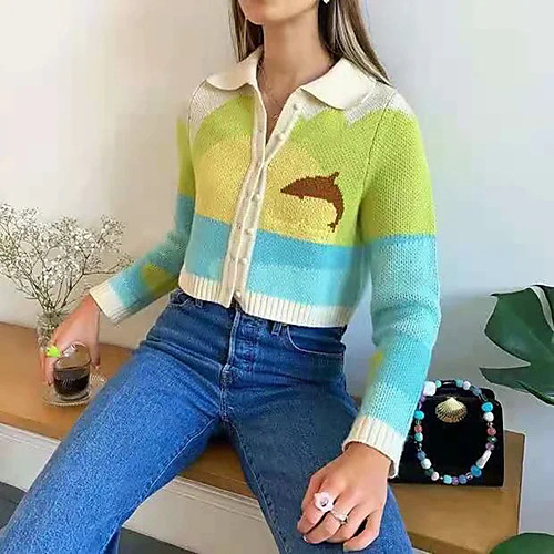 

Women's Stylish Animal Cardigan Long Sleeve Sweater Cardigans Shirt Collar Fall Spring Yellow