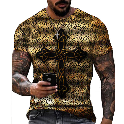 

Men's Tee T shirt 3D Print Graphic Prints Cross Print Short Sleeve Daily Tops Casual Designer Big and Tall Round Neck Yellow Gray Red / Summer