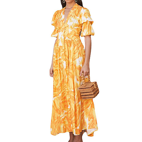 

Women's Swing Dress Maxi long Dress Yellow Short Sleeve Tie Dye Summer V Neck Elegant Casual 2021 S M L XL