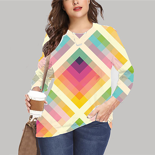 

Women's Plus Size Tops Pullover Sweatshirt Graphic Geometry 3D Print Print Long Sleeve Crewneck Basic Blushing Pink Rainbow Big Size XL XXL 3XL 4XL 5XL