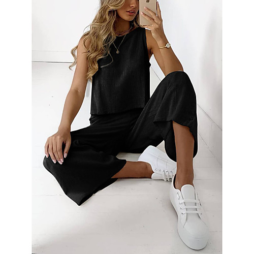

Women's Loungewear Loungewear Airport Sets Pure Color Pocket Solid Color Cotton Blend Polyester Stylish Chic & Modern Casual Tank Top Pant Round Neck Street Daily Wear Sleeveless Seamed Without Lining