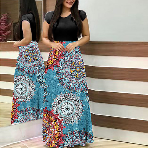 

Women's A Line Dress Maxi long Dress Blue Black Red Navy Blue Short Sleeve Floral Print Print Summer V Neck Casual Boho Holiday 2021 S M L XL XXL