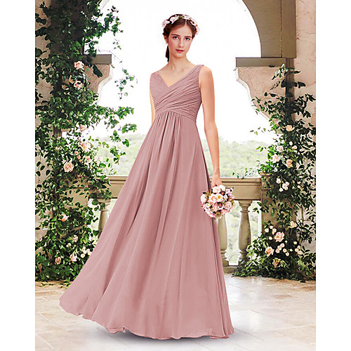 

A-Line V Neck Floor Length Chiffon Bridesmaid Dress with Pleats