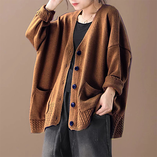 

Women's Solid Color Sweater Long Sleeve Sweater Cardigans V Neck Yellow Black Brown