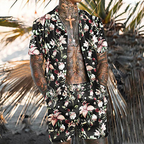 

Men's Shirt Suits Shirt Floral Button-Down Short Sleeve Casual Tops Casual Fashion Hawaiian Breathable Black