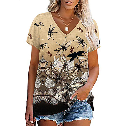 

Women's Painting T shirt Animal Print V Neck Basic Tops Brown