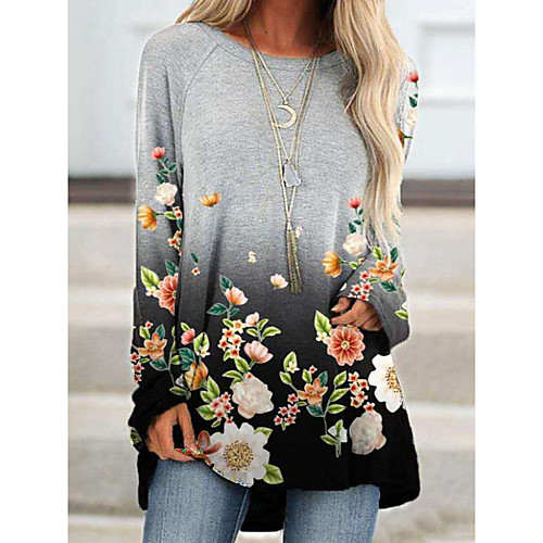 

Women's T shirt Graphic Flower Long Sleeve Print Round Neck Basic Tops Blue Light gray