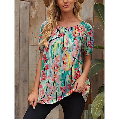 

Women's Floral Theme Abstract Painting T shirt Floral Graphic Print Round Neck Basic Tops Rainbow
