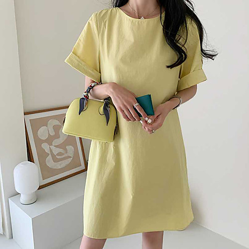 

Women's Loose Midi Dress Rose powder Yellow Apricot Short Sleeve Solid Color Spring Summer Casual Loose 2021 M L