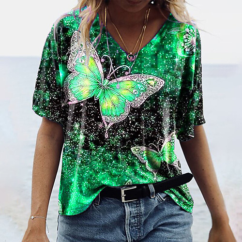 

Women's Butterfly T shirt Butterfly Animal Print V Neck Basic Tops Blue Purple Yellow