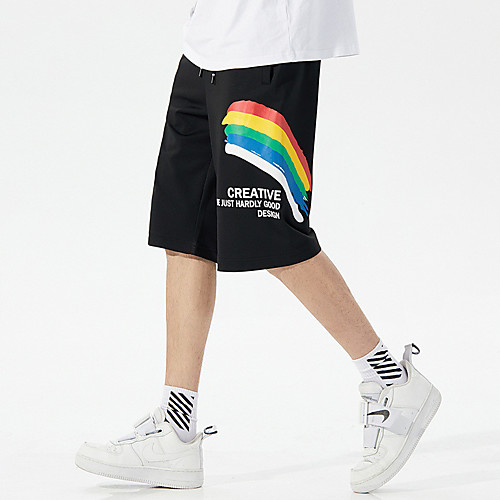 

Men's Stylish Sporty Casual / Sporty Streetwear Comfort Daily Sports Shorts Pants Rainbow Letter Knee Length Drawstring Elastic Drawstring Design Print White Black Gray