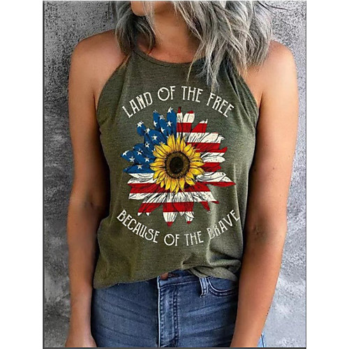 

Women's Floral Theme Independence Day Tank Top Sunflower American Flag Stars and Stripes Print Round Neck Basic Streetwear Tops Army Green