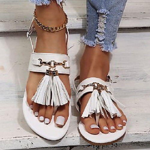 

Women's Sandals Flat Heel Round Toe PU Tassel White Black Gold